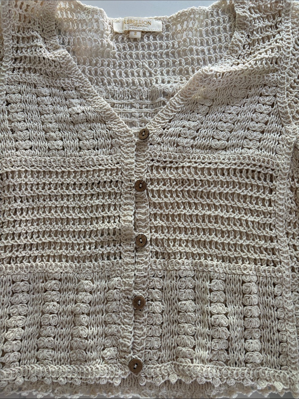 Rebellion Crochet Button-Front Cream Cardigan - Size S, BOHO, Cottage Core - Picture 3 of 9